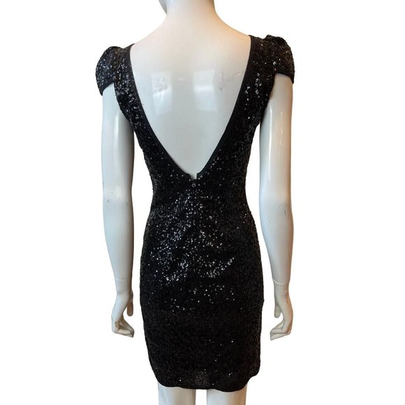 Akira Chicago Women Sequin Bodycon Dress Back V Mini Cap Sleeve Black Size Small - Picture 4 of 11